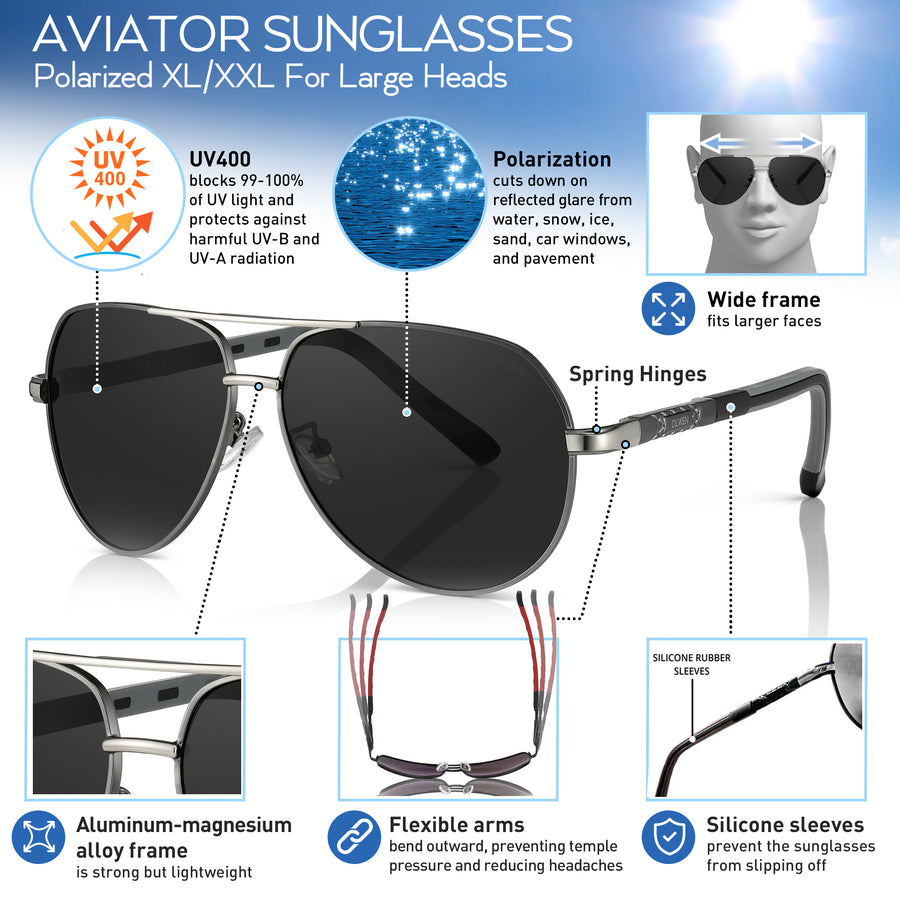 Aviator Sunglasses - Polarized XL/XXL For Large Heads (Free Hard Case)