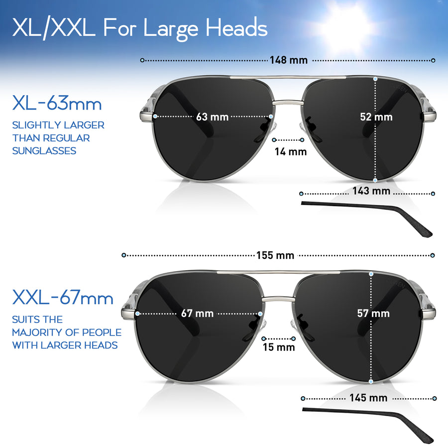 Aviator Sunglasses - Polarized XL/XXL For Large Heads (Free Hard Case)